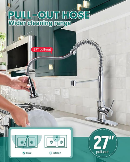 Kitchen Faucet with Pull Down Sprayer: Chrome 3-Function Kitchen Sink Faucet for 1 or 3 Hole - Stainless Steel Single Handle Spring Kitchen Faucets with Deck Plate for Farmhouse RV Laundry