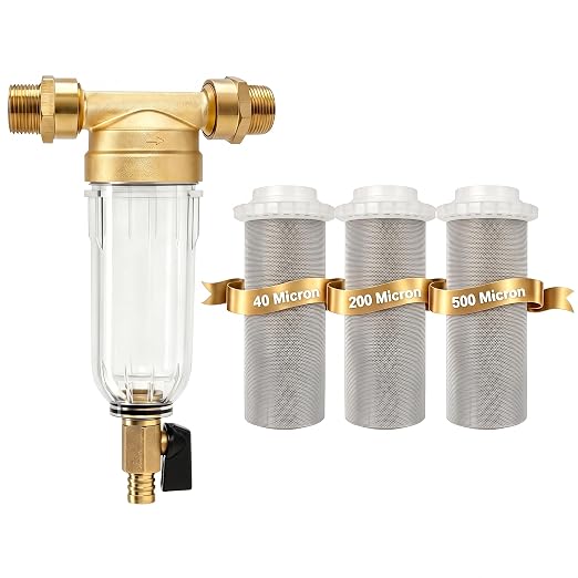 Spin Down Sediment Filter, 3/4 Inch Brass Whole House Pre-Filter | for Well Water & Tap Water, 40/200/500 Micron Reusable Stainless Steel Mesh, 1" MNPT + 3/4" FNPT BPA-Free Brass