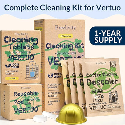 Nespresso Compatible Vertuo Cleaning & Descaling Kit – 12 Month Supply - Includes 4 Descaling Powder Solution, 12 Cleaning Tablets, 1 Reusable Pod, Eco-Friendly Vertuoline Maintenance Kit