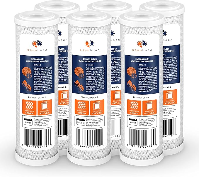 Aquaboon 5 Micron 10 x 2.5 Carbon Block Water Filter Cartridge CTO Whole House Water Filter Replacement Compatible with WHKF-WHWC, FXWTC, 6-PACK