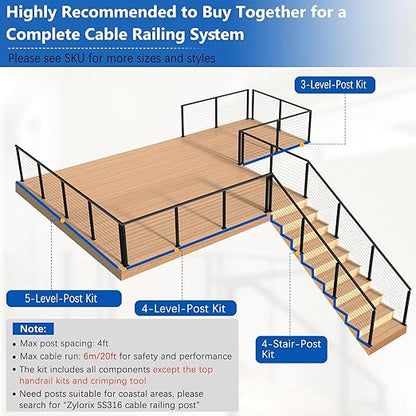 36" Modular 2-8FT Black T304 Stair Cable Railing Post Kit, Complete Cable Railing System with 2 Stair Posts, 98ft 1/8" Wire Rope(No Handrail), Adjustable Length Easy DIY for 28-38° Stairway