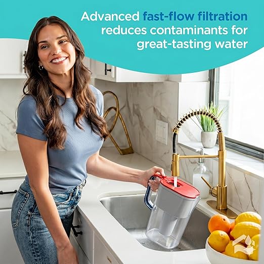 HOMEWATER 10-Cup Pitcher Filter (Red, White and Blue America Pitcher) – BPA-Free, High-Capacity 2.4L Fast-Flow Carbon Filter, Easy Pouring, Removable Filter Replacement, Locking Lid, Dishwasher-Safe