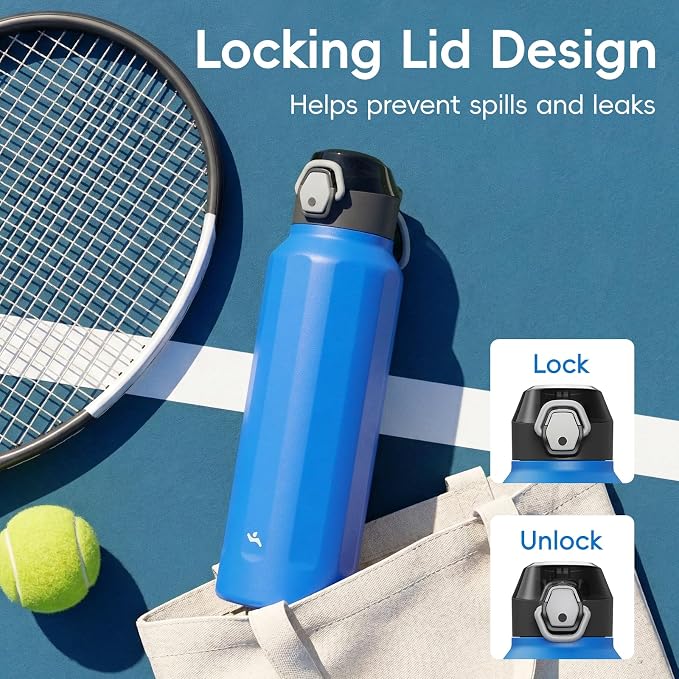 Konokyo FLOWPLAY 40oz Locking Push-Button Water Bottle with Silicone Spout,Leak-Proof,18/8 Stainless Steel Double-Wall Vacuum Insulated for Sports and Travel,BPA-Free,Sapphire Blue