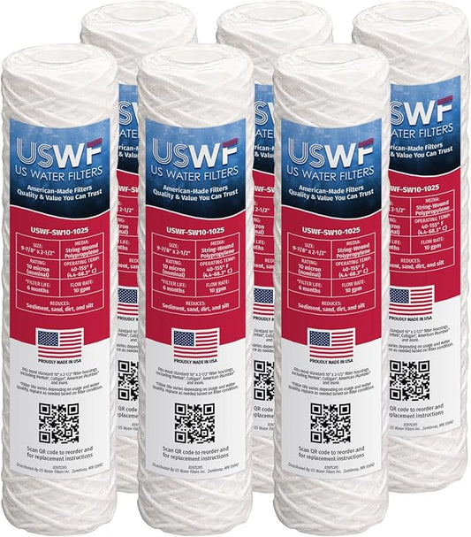 10 Micron 10 Inch x 2.5 Inch | 6-Pack String-Wound Polypropylene Whole House Sediment Replacement Cartridge | Compatible with Pentek CW-F, Hydronix SWC-25-1010 | Made in the USA, US Water Filters