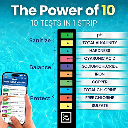 10-in-1 Pool & Spa Water Test Kit with App, Hot Tub, Saltwater, Chlorine, Cyanuric Acid, Alkalinity, Hardness, pH, Nitrate, Sulfate, Digital Water Quality Testing Strips (DXPOOL-R10-S10)