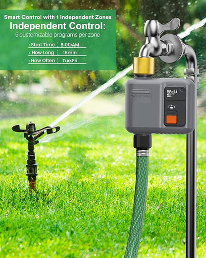 WiFi Sprinkler Timer 1 Zone with 984 Feet RF Gateway, 1 Outlet Dark Gray-Brass Inlet Smart Water Timer for Garden Hose with Rain Delay/Manual/Automatic,WiFi Water Timers for Garden