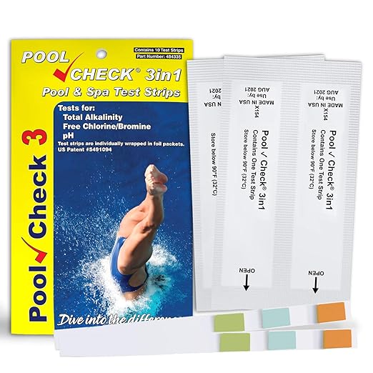 Industrial Test Systems Pool Check 3in1 | 10 Individually Wrapped Test Strips in Pocket Pack | Test Free Chlorine, Alkalinity, & pH | Ideal for Public Pools & Waterparks