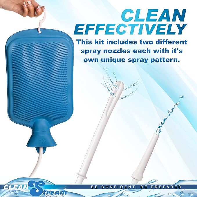 CleanStream Water Bottle Enema Cleaning Kit for Men and Women, 2 Quart Durable Rubber Bag with 5-Foot Flexible Tube, Tapered and Nozzle Tips Included, Flow Control Clamp, Hygienic Design