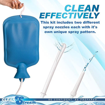 CleanStream Water Bottle Enema Cleaning Kit for Men and Women, 2 Quart Durable Rubber Bag with 5-Foot Flexible Tube, Tapered and Nozzle Tips Included, Flow Control Clamp, Hygienic Design