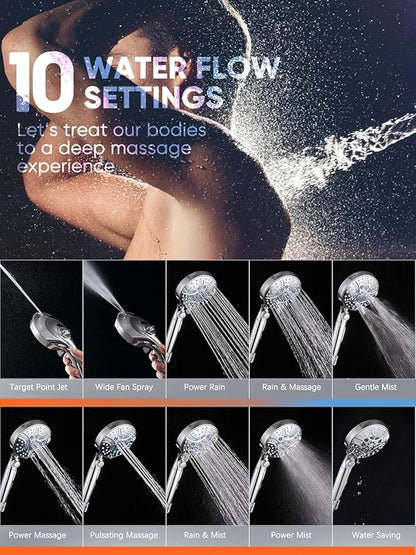 Pavezo® High Pressure Handheld Shower Head with Filter, ON/OFF Switch Pause Button, 10-mode Shower Head with Hard Water Softener Filters, SS Hose, Anti-clog & Powerful Clean Tile & Pet, Brushed Nickel