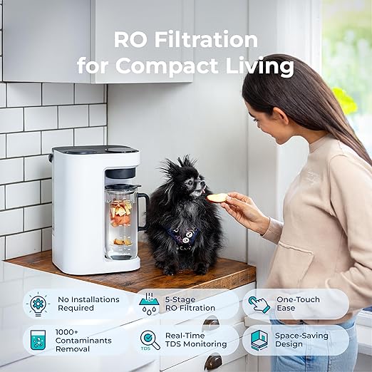 Bluevua RO100ROPOT-Lite Countertop Reverse Osmosis Water Filter System, 3:1 Pure to Drain Ratio, Portable RO Filtration with Remineralization, No Installation, WQA Certified, 6-Stage White