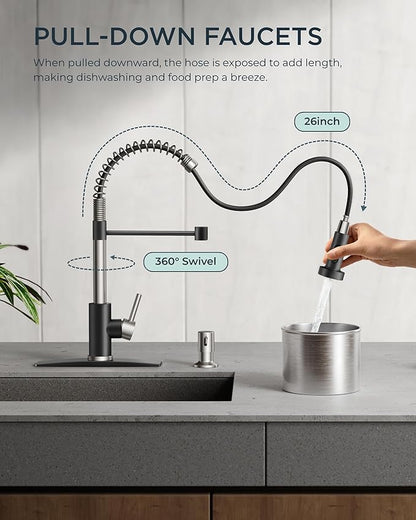 FORIOUS Kitchen Faucet with Pull Down Sprayer, Stainless Steel Commercial Single Handle Classic Spring Pull Out Sink Faucet for Pot Filler, Farmhouse Camper Bar Laundry Room, Black Brushed