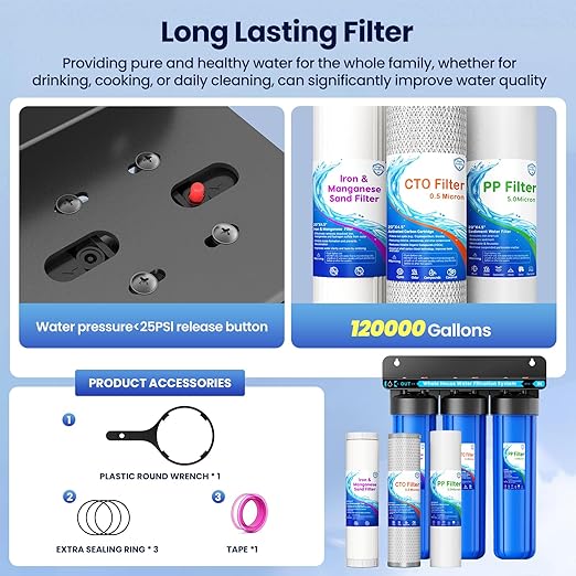 Whole House Water Filter System, 3-Stage Iron & Manganese Removal 20"x4.5" Filter, with Sediment Filter, Reduces Iron, Manganese, Chlorine, Odor, Sediment,1" NPT, 120,000 Gal Capacity