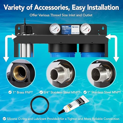 HQUA WF3-03 3-Stage Free-Standing Whole House Water Filtration System, UV Filter Included, Reduces Heavy Metals (Lead, Mercury, Copper, Nickel, Chromium), Chloramine, Sediment, Odor, and VOC’s