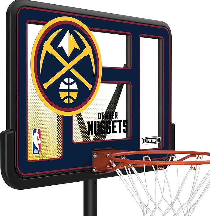 Lifetime NBA Denver Nuggets Portable Basketball Hoop, Adjustable Height 7.5-10 Ft, 44 Inch Shatterproof Fusion Backboard, Base with Wheels