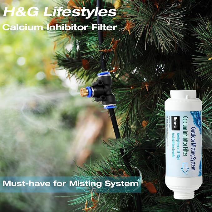 H&G lifestyles Misting System Calcium Inhibitor Filter for Patio Misters | Inline Water Filter Effectively Reduce Hard Water Spots, Soften Water, Upgraded Formula