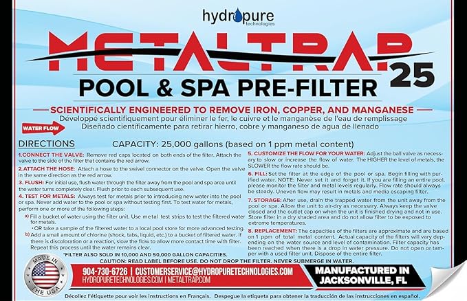 Hydropure Technologies 25,000 Gallon Pool and Spa Pre Filter, High Performance, City and Well Water, Removes Iron, Copper, and Other Metals, Includes Valve Connector, Made in USA