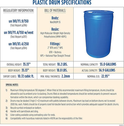 Augason Farms Water Treatment and Storage Kit, 55-Gallon Water Barrel, BPA Free, Liquid Water Treatment Drops, Siphon and Hand Pump