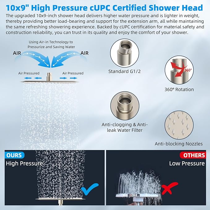 Hibbent All Metal cUPC Certified Rain Shower Head, 10'' High Pressure Rainfall Showerhead with 16" Shower Head Extension Arm, Brass Adjustable Shower Arm Extender, fixed Showerheads, Brushed Nickel