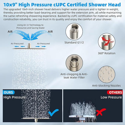 Hibbent All Metal cUPC Certified Rain Shower Head, 10'' High Pressure Rainfall Showerhead with 16" Shower Head Extension Arm, Brass Adjustable Shower Arm Extender, fixed Showerheads, Brushed Nickel
