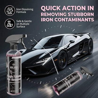 Magic Shield Iron Remover Spray for Cars 16oz - pH-Neutral Iron and Fallout Remover for Car, Motorcycle, RV & Boat | 5-Minute Reaction, Effective on Wheels & Paint | All-In-One Solution