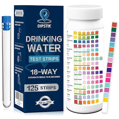 All-New 18 in1 Drinking Water Test Kit-125 Water Quality Test Strips for Well Tap Test Kit,Water Testing Strips for Home Drinking Water Testing,Hardness,Chlorine, Lead,Iron, Copper,Fluoride