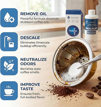 Descaling Solution Kit Compatible with Nespresso Vertuo Coffee Machines, 16.9 fl Oz Descaler (4 Uses), 8 Cleaning Tablets & 8 Aluminum Foil Lids, Complete Maintenance Set (1)
