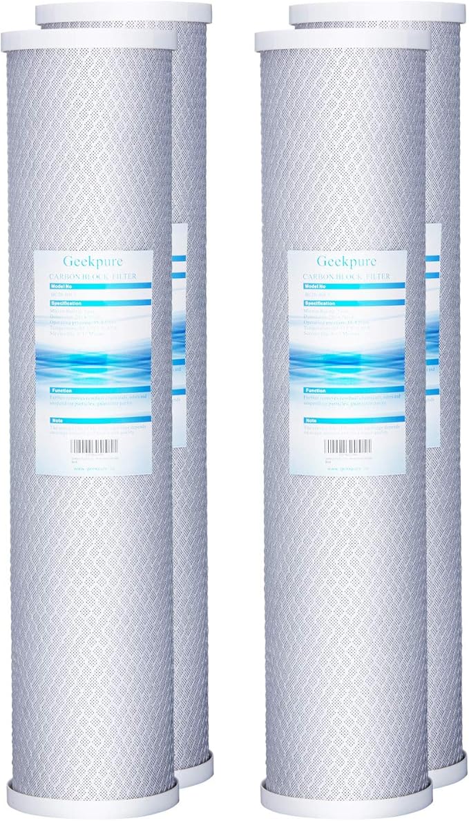 Geekpure 20 Inch Carbon Block Water Filter Reduce Chlorine Taste Odors for Whole House Filtration- 4.5 Inch x 20 Inch -5 Micron-Pack 4