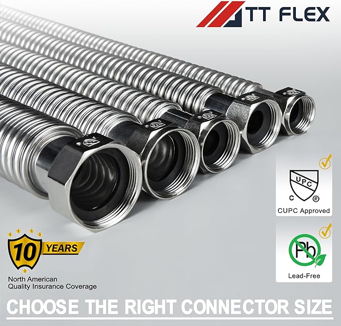 TT FLEX Stainless Steel Corrugated Water Heater Connector Flexible for Water Heater Water Softener,3/4" FIP x 3/4" FIP, 18" Length (2 Pack)