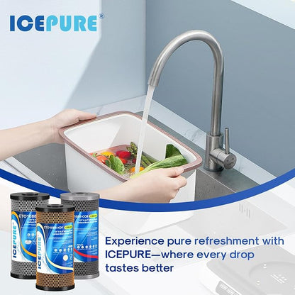 ICEPURE 4.5"x 10" Whole House Water Filter Set, 3-Stage Water Filtration System Combo Kit with Activated Carbon Block, KDF Cartridge and Upgraded Activated Carbon Heavy Metal Remove Filter, Pack of 1