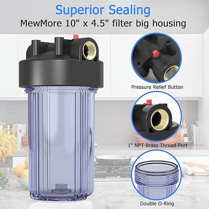 WHT10 Whole House Water Filter Housing, Fit 10"x4.5" Sediment etc Filters for Well and City Water, Big Filter Blue Pre-Filtration System for Home, 1" NPT Port, Pressure Release (Clear Housing)
