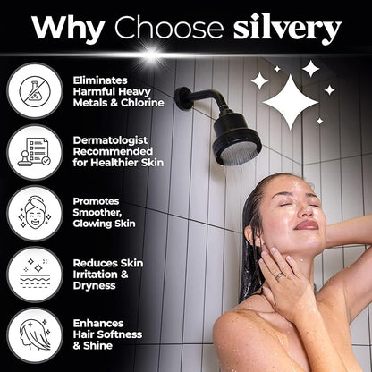 Silvery High Pressure Filtered Shower Head - Dermatologist-Approved Clean Water with Silvery Technology™ Filter - Showerhead Removes Impurities for Healthier Skin, Hair, Scalp (Fixed Showerhead)