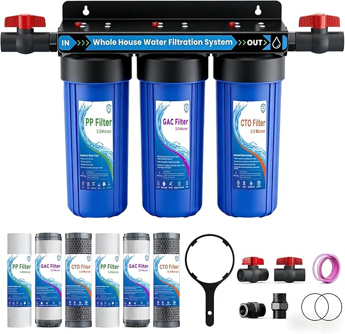 Whole House Water Filter System, Extra 2 Sets Filter, 3 Stage Home Water Filtration System Reduces Chlorine, Sediment, Odor for Healthier Skin, with 2 Valves, 3/4" Ports, for 1-2 Year Use