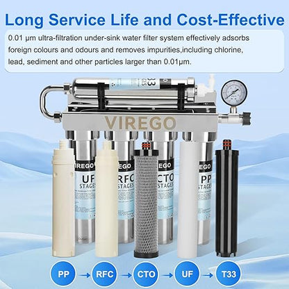 Ultra Filtration Water Filter Replacement Cartridge, PP/T33/CTO/RFC/UF Filter for Under Sink Water Filters, 5 Stage Filtration System Replacement Filter Reduces 99.99% Cl, Strong Adsorption Capacity
