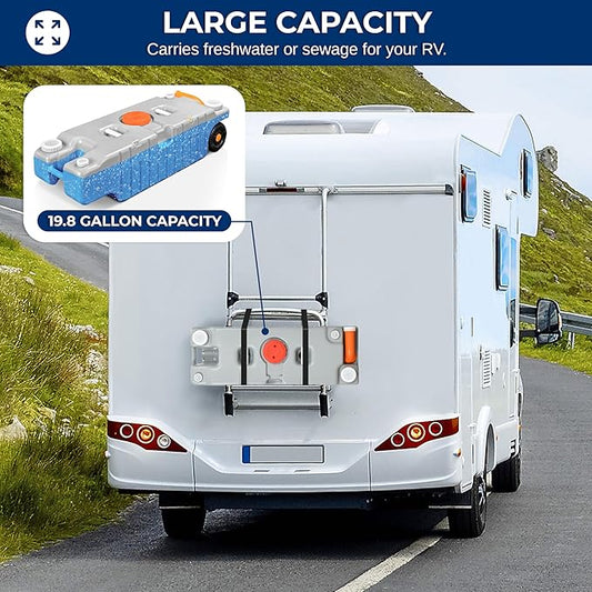 SereneLife 20 Gallon / 75L RV Water Tank – Camper Accessories Portable Container with Level Indicator, Rotating Spout, Metal Handle & Heavy-Duty Wheels, Suitable for Freshwater or Sewage Storage