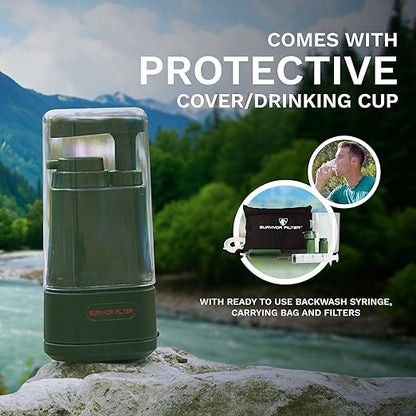 Survivor Filter PRO – 0.01 Micron Portable Water Filtration System Survival – Tested in USA Labs – Bacteria, Parasite and Virus Removal – Ultimate Survival & Backpacking Gear