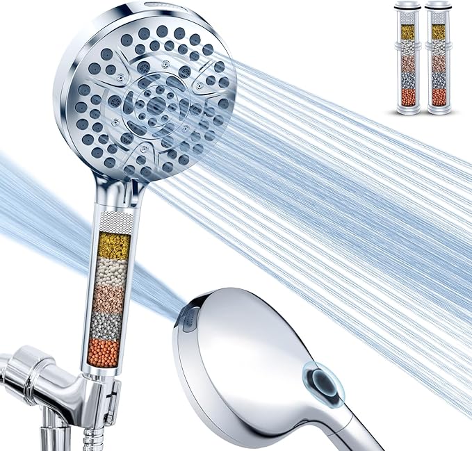 PALAS Filtered Shower Head with Handheld, High Pressure 10-Mode with Filters, Built-in Power Wash, soften hard water Remove Chlorine, Reinforced Hose, Overhead Bracket, Anti-clog nozzle (Chrome)