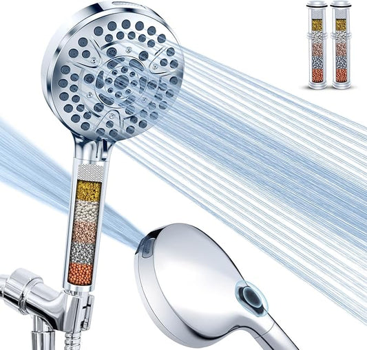PALAS Filtered Shower Head with Handheld, High Pressure 10-Mode with Filters, Built-in Power Wash, soften hard water Remove Chlorine, Reinforced Hose, Overhead Bracket, Anti-clog nozzle (Chrome)