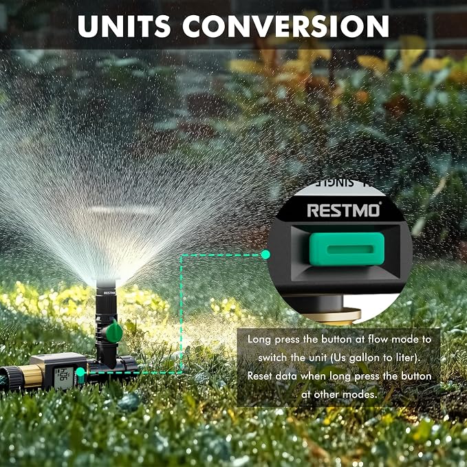 RESTMO Smart Water Flow Meter with Screen Backlight, 2.4GHz WiFi Connection | Brass Inlet & Outlet, Measuring Gallon/Liter Consumption & Flow Rate for Garden Watering, RV Filling, Sprinklers & Nozzle