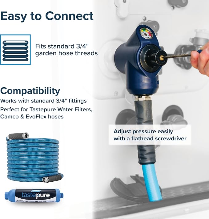 Camco Tastepure 4-in-1 Adjustable RV Water Pressure Regulator - Combines a 90° RV Hose Elbow Design, Pressure Gauge, Adjustable Regulator, & Shut-Off Valve in One RV Accessory (40065) | Combines 90 degree elbow, gauge, regulator and shutoff valve, fits...
