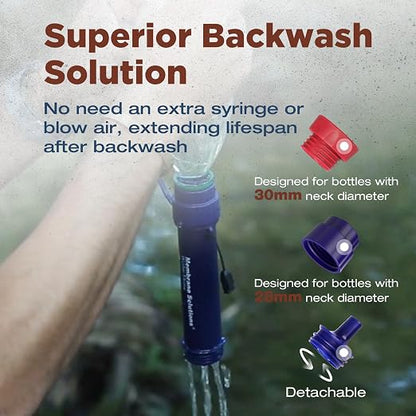 Membrane Solutions S2 Detachable Water Filter Straw, 4-Pack | NSF/ANSI 42, 372 & 401 certified; 0.1-micron 4-stage replaceable filter, 1,320-gal life for for camping & emergency prep