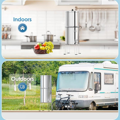 AQUA CREST Gravity Water Filter System, 304 Stainless Steel Countertop System with 4 Filters and Anti-Slip Stand, Reduce Fluoride and Chlorine, 2.25G, for Home, Camping, RVing, Off-Grid, Emergencies