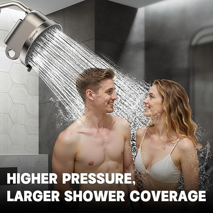 High Flow Filtered Shower Head, HOPOPRO 5 Modes High Pressure Fixed Showerhead with NSF Certified Filter Replacement Cartridge, Remove 99% Chlorine, Improves Skin Hair Condition (6 Inch Brushed)