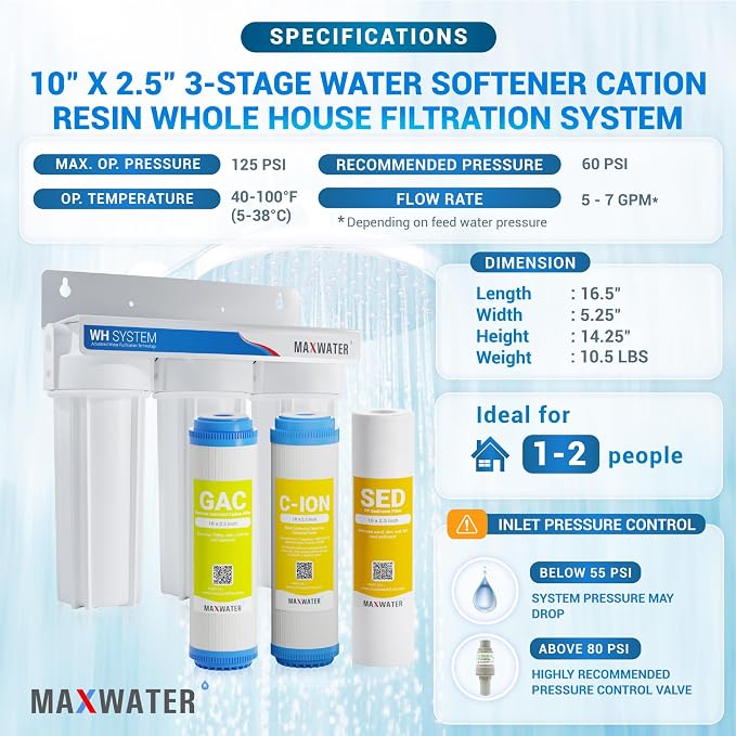 Max Water 3 Stage Water Softening10 inch Standard Water Filtration System for Whole House - Sediment + Cation Resin + GAC - ¾ Inlet/Outlet - Model : WH-SW2