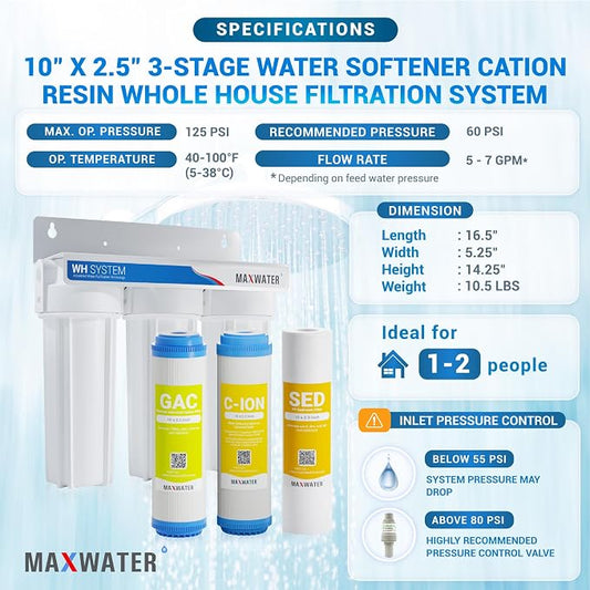 Max Water 3 Stage Water Softening10 inch Standard Water Filtration System for Whole House - Sediment + Cation Resin + GAC - ¾ Inlet/Outlet - Model : WH-SW2