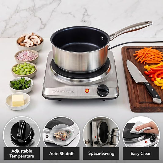 OVENTE Electric Cast Iron Single Burner, 1000W Hot Plate, Silver BGS101S | 7.25" Portable Countertop Cooktop, Stainless Steel, 5 Level Temperature Control, Compact Cooking Stove, Easy to Clean