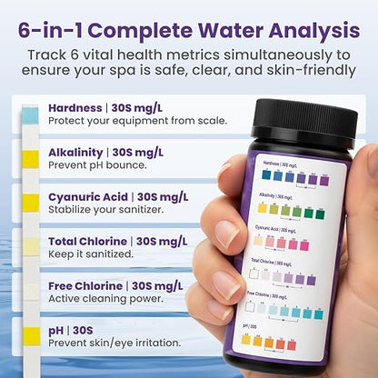 Hot Tub & Spa Test Strips 6-in-1 (100-Pack) - Accurately Monitors pH, Free/Total Chlorine, Alkalinity, Hardness, and Cyanuric Acid - Perfect for Chlorine-Based Spas and Jacuzzis (Not for Bromine)