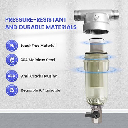 Amwater 304 Stainless Steel 40 Micron Spin Down Water Filter, Whole House Spin Down Sediment Water Filter, Reusable Flushable Pre-Filtration System, 3/4" MNPT + 1/2" FNPT, BPA Free