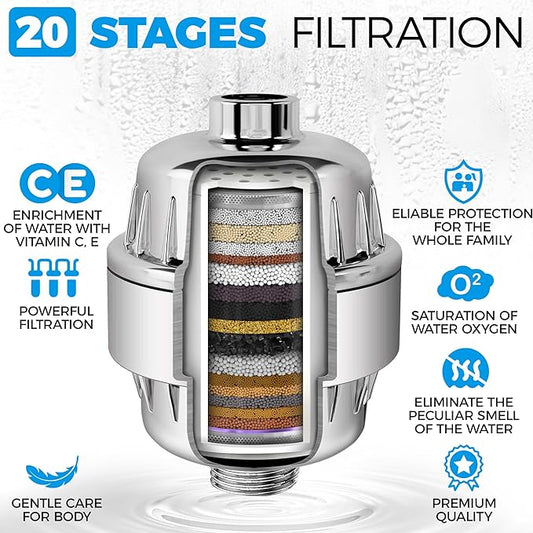 AquaHomeGroup 20 Stage Shower Filter with Vitamin C E and A - Reduces Chlorine, Heavy Metals and Sediment - 5 Cartridges Included - High Pressure - Universal Fit