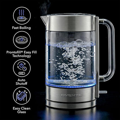 OVENTE Electric Kettle, 1.8L Tea Kettle Cordless with Borosilicate Glass Water Boiler, Stainless Steel Base, Acrylic Handle, 1500W Fast Boil Electric Kettle, Easy Fill Lid, Auto Shutoff, Silver KG911S